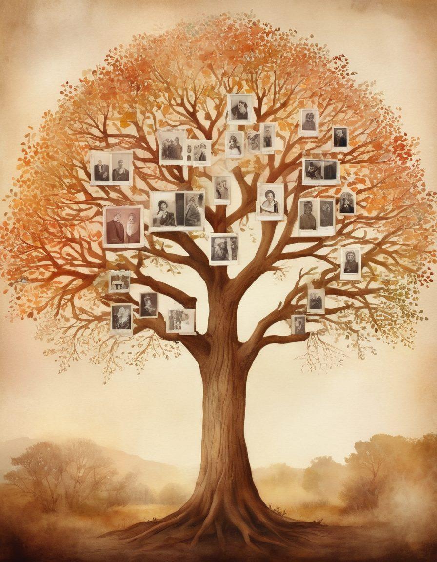 A beautifully intricate family tree, weaving through time with vibrant photos of ancestors and descendants connected by glowing branches. Each photo showcases different eras in sepia and color, representing diversity in heritage and culture. In the background, a soft, faded map symbolizes the journey of the family throughout history. The overall tone is warm and nostalgic, inviting viewers to reflect on their own family stories. watercolor style. vintage look. muted pastels.