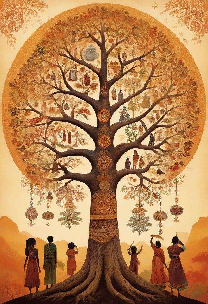 A richly detailed family tree intertwined with vibrant cultural symbols from various ethnic backgrounds, highlighting historical figures and artifacts. Include diverse hands reaching towards the tree, symbolizing connection and ancestry. The background features a collage of cultural landscapes representing different heritages. Warm earth tones dominate the palette to evoke a sense of history and unity. intricate illustrations. vibrant colors. super-realistic.