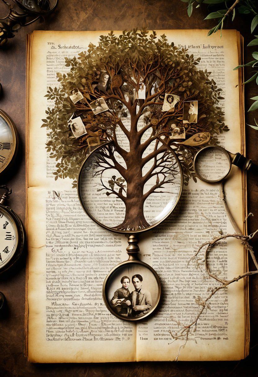 An intricate family tree sprawling across a textured parchment background, with branches representing different ancestral lineages adorned with vintage photographs and artifacts. A magnifying glass resting on an open genealogy book, symbolizing deep exploration, and a globe indicating global ancestry connections. Soft, warm lighting evokes a sense of nostalgia and discovery. super-realistic. vintage aesthetics. warm tones.